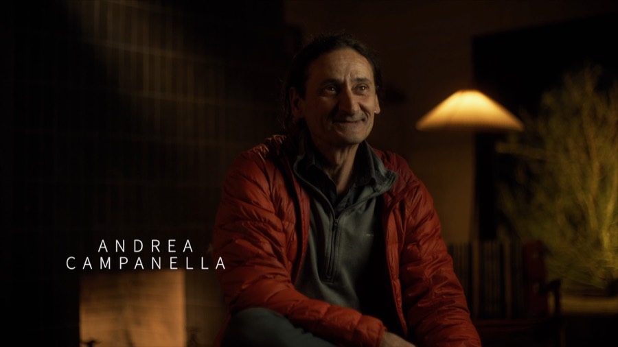 Andrea in the interview chair at home. Film still.